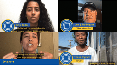 A screenshot of a video call featuring Anu Yadav, Luis J. Rodriguez, Lyla June, and Tonya Ingram engaged in a digital story circle.